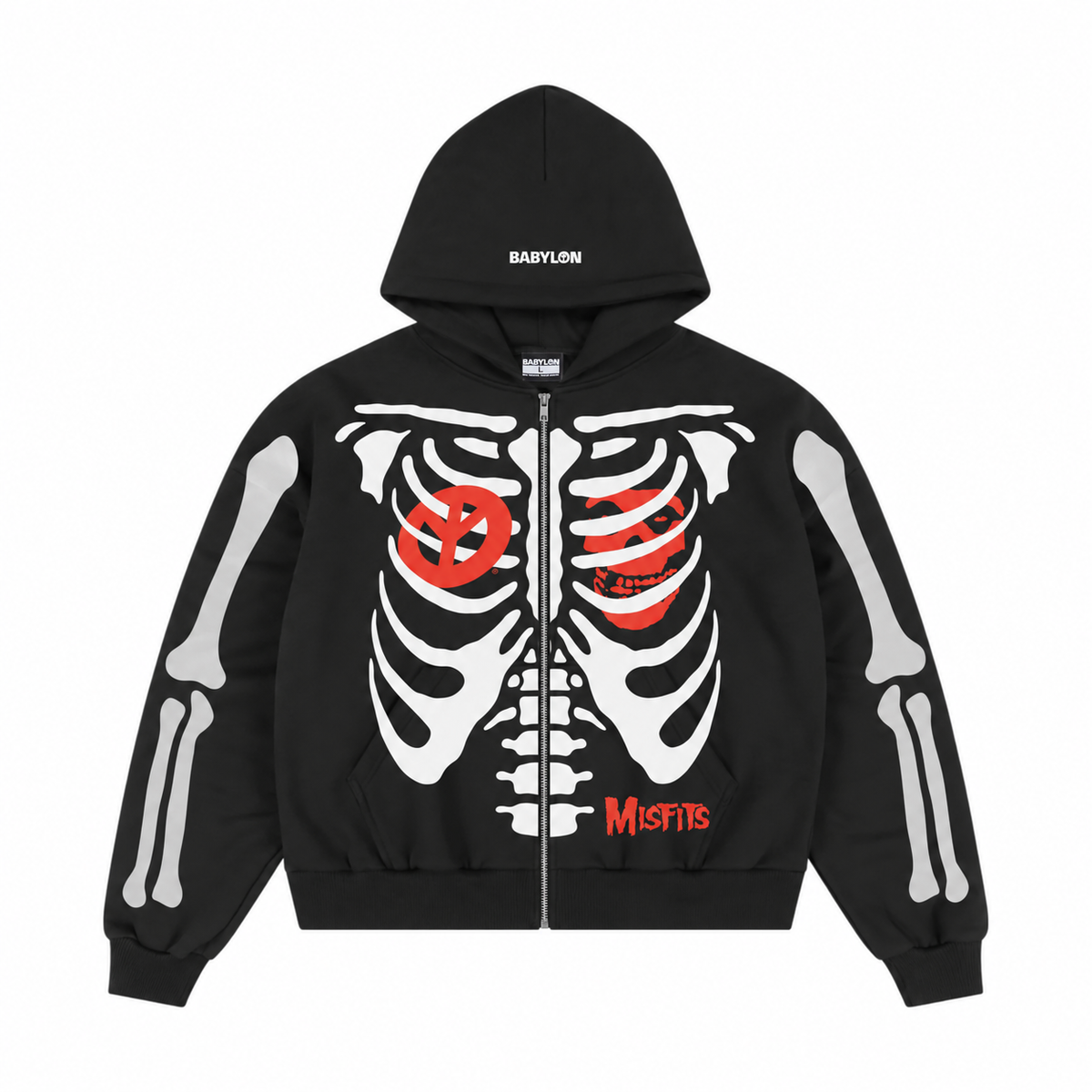 Skeleton Zip Hoodie front view with visible full-length center zipper